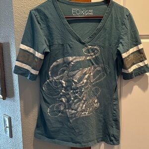 Y2K Fox Teal V-Neck Tee with Silver Graphic